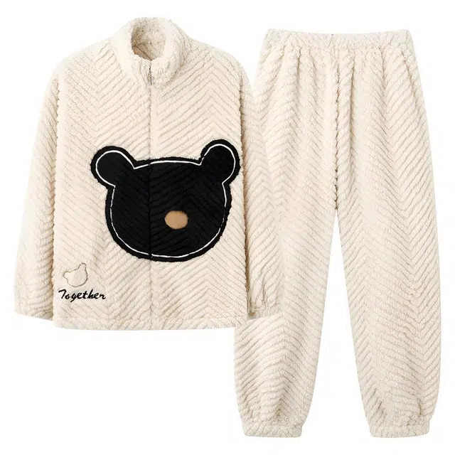 莫代尔 珊瑚绒女士秋冬季加厚法兰绒卡通立领拉链家居服冬天保暖睡衣套装 女款