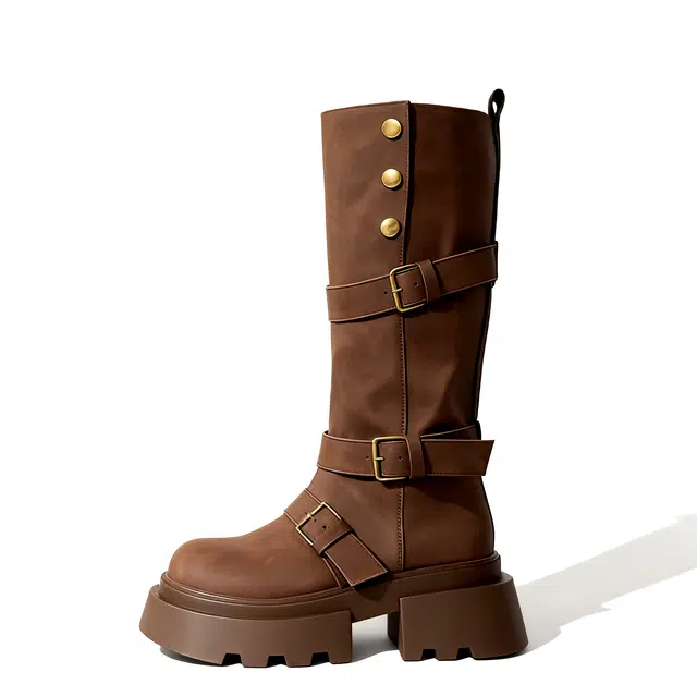 小鹿米利 复古时尚皮带扣两穿厚底增高长筒小个子显瘦时装靴 高筒靴 女