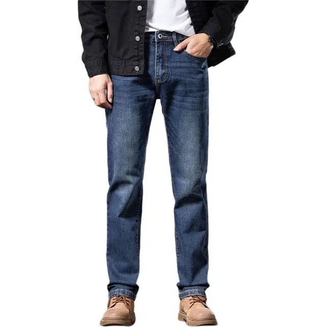 潮人榜 美式秋冬季潮牌蓝色百搭男士长裤修身显高显瘦小脚直筒系列高端商务休闲弹力牛仔裤 男款