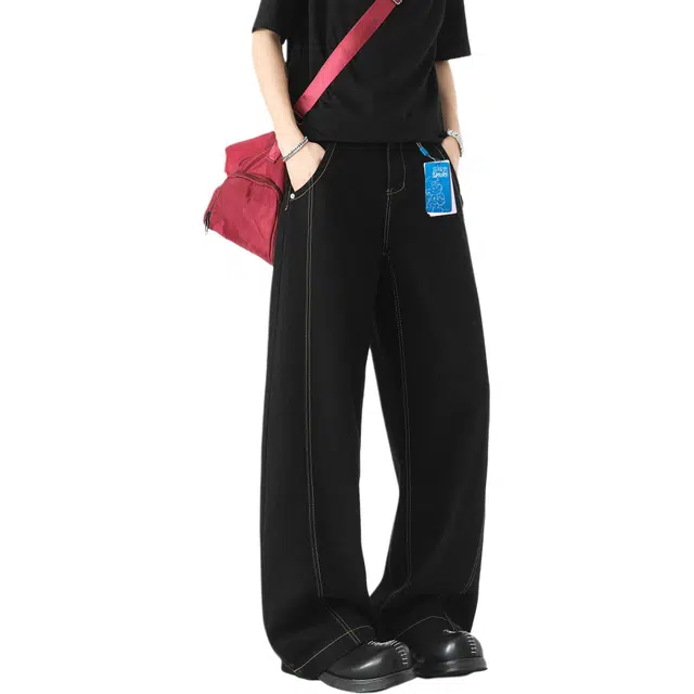 【金丝辑明线】蓝精灵 高街廊形弯刀阔腿美式复古高级感潮牌宽松直筒嘻哈街头日常户外通勤个性痞帅休闲百搭牛仔裤 男女同款