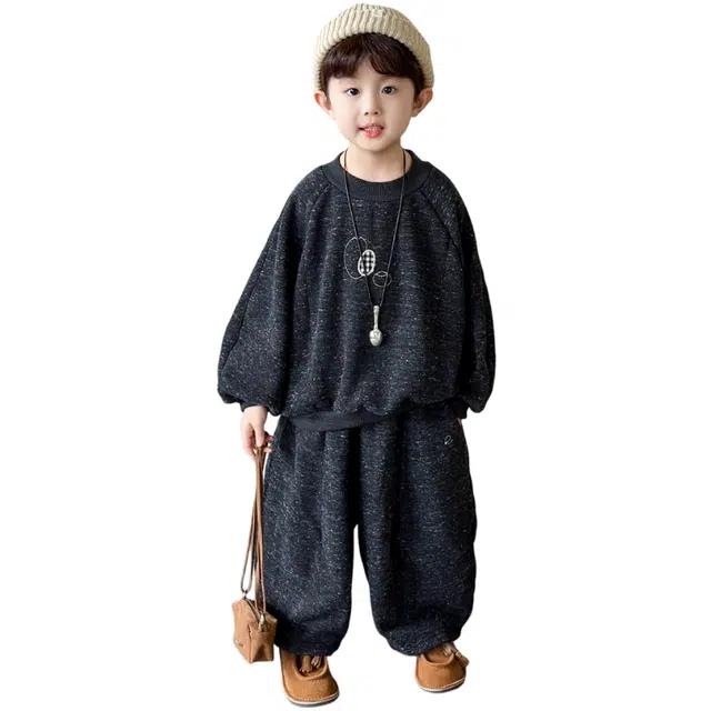 木清清休闲运动套装 乖巧萌童男童加绒加厚舒适亲肤圆领卫衣长裤两件套 中小童