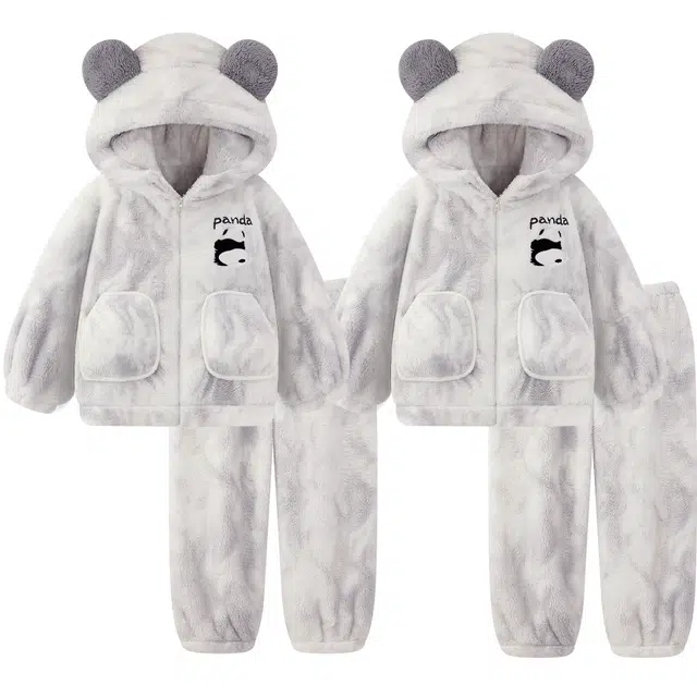 顶瓜瓜 珊瑚绒加厚加绒保暖卡通熊猫条纹可爱连帽拉链开衫长袖长裤休闲家居服秋冬季睡衣套装 男女同款