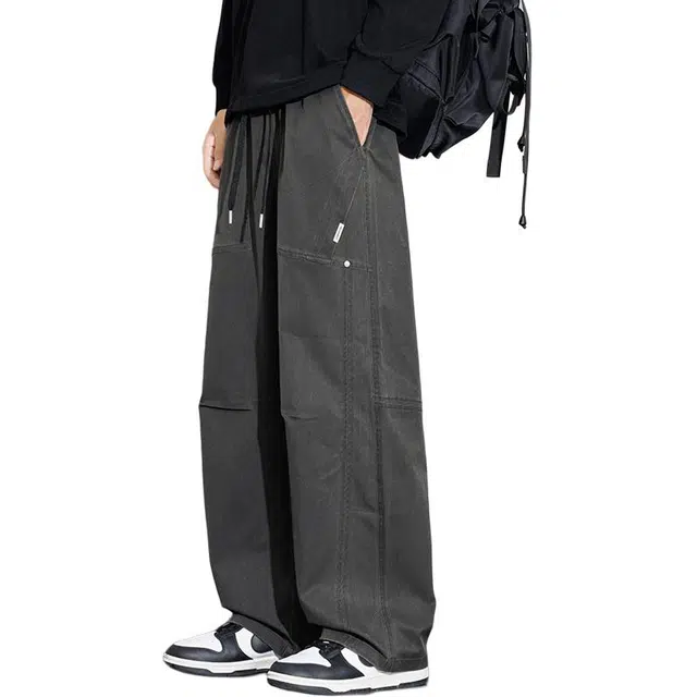 协协乐 高街风机能风战术裤秋冬季宽松直筒阔腿垂坠感拖地裤美式复古潮牌青少年痞帅弹力抽绳百搭休闲运动长裤工装裤 男款