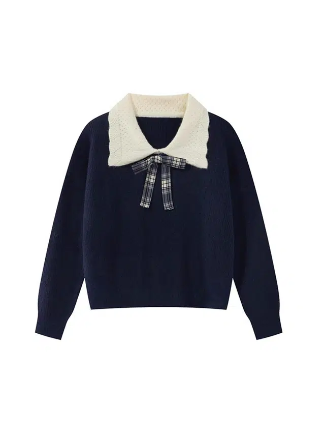 囍鱼少女 撞色百搭娃娃领女套头宽松显瘦短款小个子上衣针织衫 女款