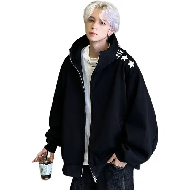 佐菲利 美式星星字母印花拉链高领开衫外套连帽休闲夹克卫衣 男女同款