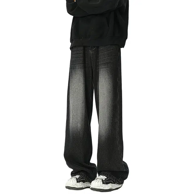 加荣 美式水洗做旧搭弯刀牛仔裤男款秋冬季加绒时尚潮牌男装裤复古百搭阔腿裤男青少痞帅男生潮流直筒裤男宽松慵懒感男士长裤 男女同款