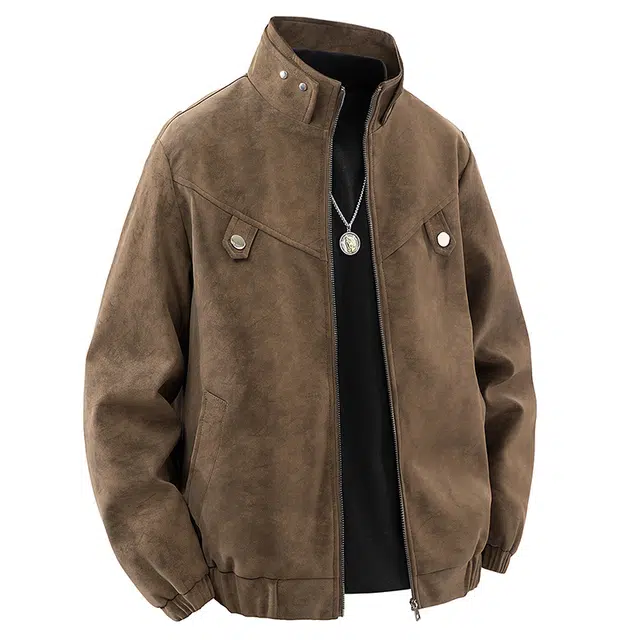左岸 春秋美式复古高街潮流百搭纯色拉链开衫麂皮绒夹克上衣宽松休闲舒适防风保暖秋冬外套皮衣 男款
