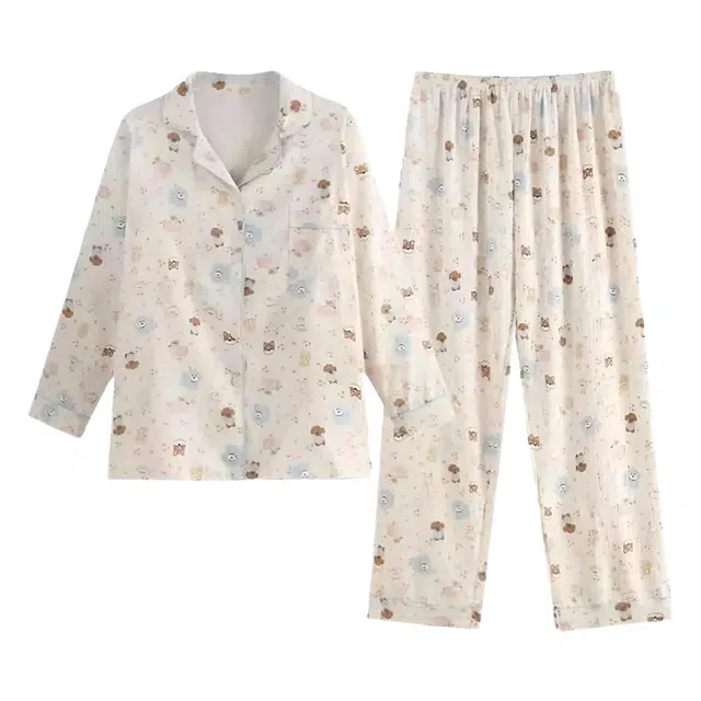 橡柠派 可爱狗狗休闲设计感长袖长裤舒适柔软两件套翻领开衫甜美萌趣高级感学院风宿舍家居服 睡衣套装 女款