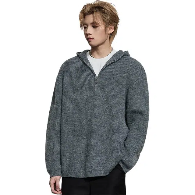 隐狼世家 针织衫男秋季潮牌美式复古慵懒风半拉链宽松连帽毛衣卫衣 男款