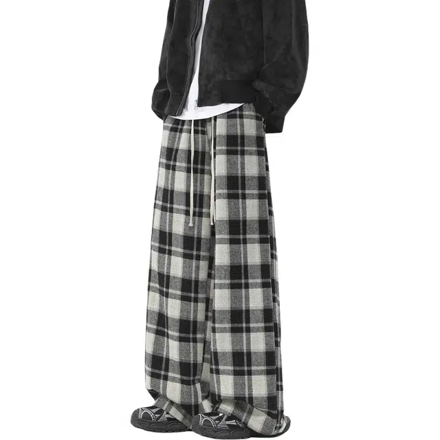 协协乐 美式复古高街风编织格子设计氛围感秋冬季潮牌宽松直筒阔腿垂坠感拖地裤青少年弹力抽绳百搭运动长裤休闲裤 男款