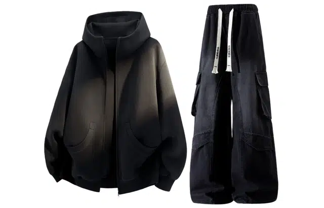 梓润格 冬季宽松外套美式加绒保暖双拉链百搭开衫大口袋工装牛仔裤男复古阔腿裤子卫衣套装 男女同款