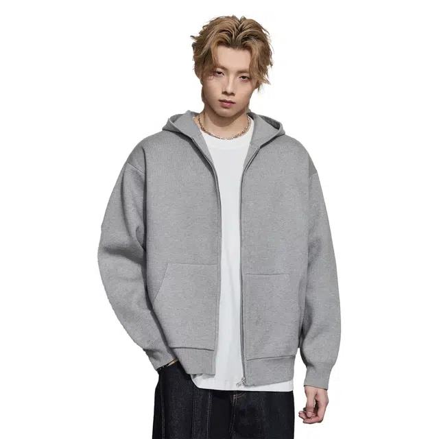 隐狼世家 灰色针织开衫毛衣男秋冬纯色宽松廓形连帽百搭休闲情侣外套卫衣 男款