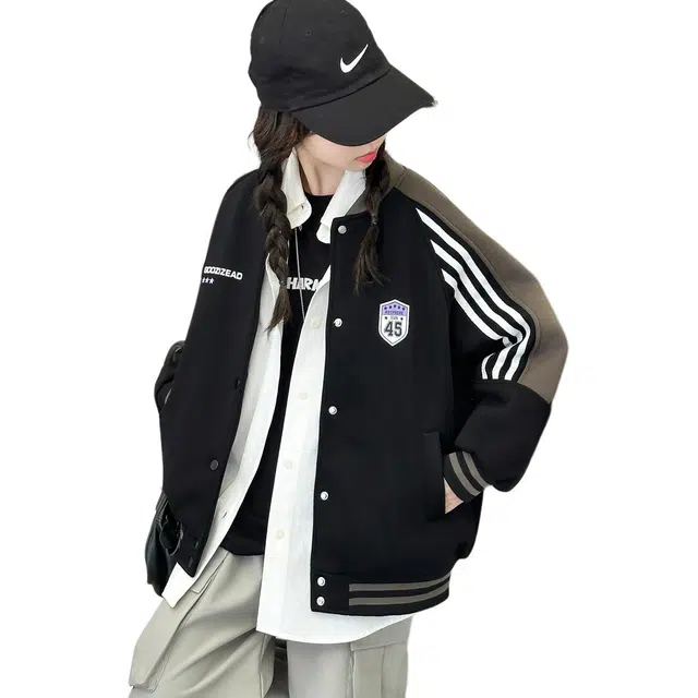 帕兰朵棒球服 女童时髦潮流保暖夹棉秋冬加厚字母印花拉条外套大童女孩洋气时尚学院风棉衣 青少年