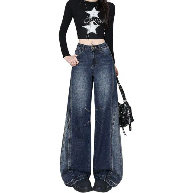 如续 美式复古设计阔腿高腰宽松显瘦直筒拖地牛仔裤 女款