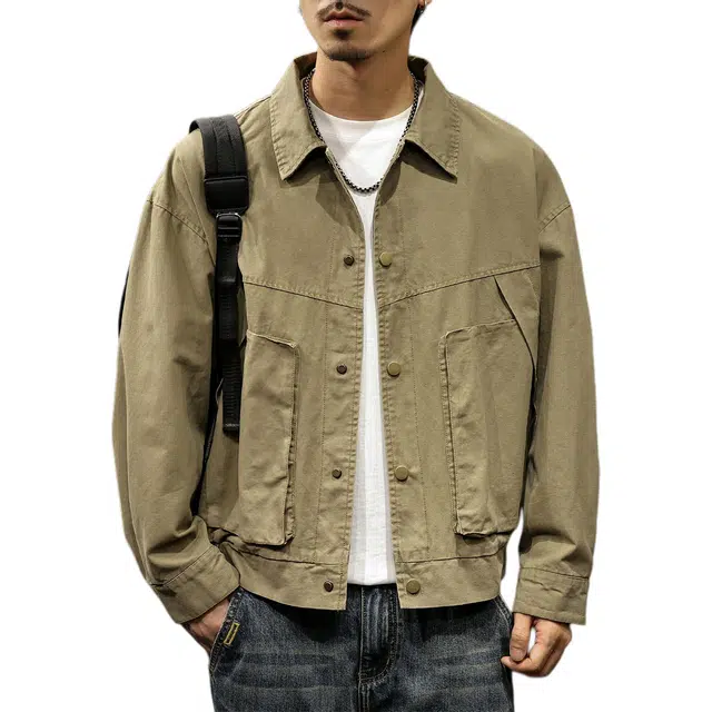 路杰邦  美式高端工装外套男士春秋设计感潮牌休闲宽松大码翻领男 夹克 男款