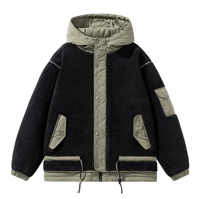棉基因 冬季羊羔毛加绒拼接撞色连帽优质棉棒球服保暖高个小个子日系男简约潮流夹棉袄子美式高街青少年职场通勤学院风棉衣外套 男女同款