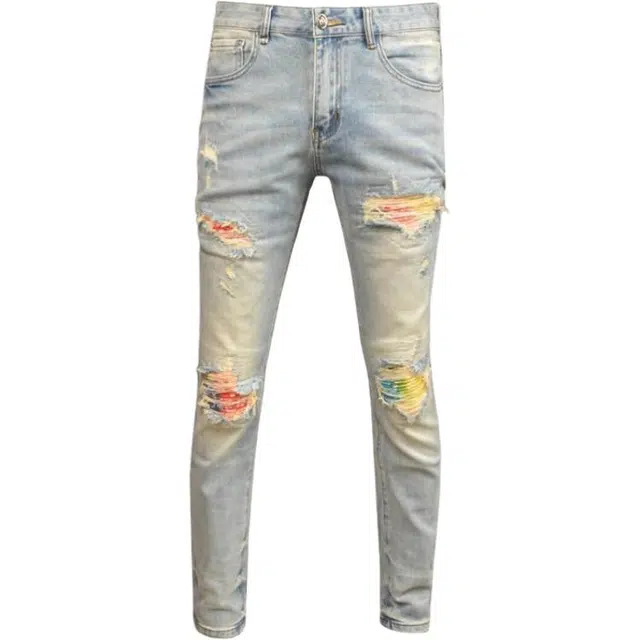 吉肯蒂 秋冬复古浅色破洞牛仔裤弹力修身小脚刮烂补丁长裤 男款