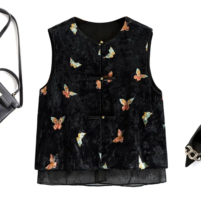 丝柏舍 复古盘扣圆领撞色蝴蝶图案宽松款直筒新中式单排扣短款叠穿马甲 女款