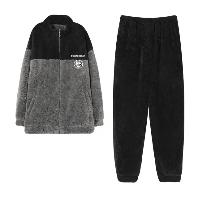 俏霓桐 厚款拉链保暖加绒加厚蓄温防寒时尚撞色简约长袖家居服可外穿睡衣套装 男款