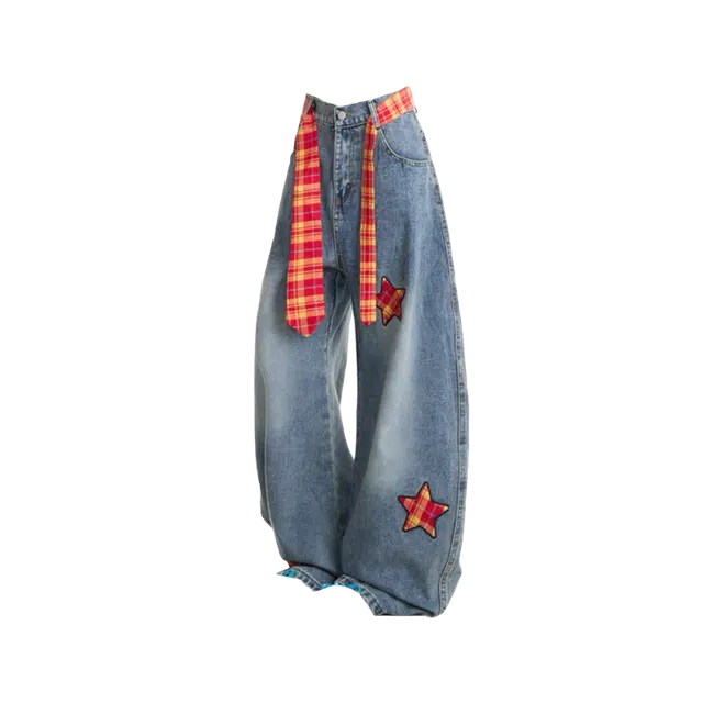 一碗士多 星星贴布格纹腰带美式复古做旧弯刀裤宽松直筒潮搭显瘦垂感拖地小众设计潮牌休闲百搭日常户外通勤牛仔裤 男女同款