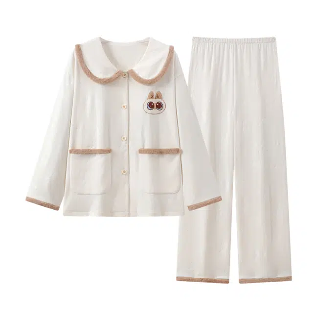 米囹 娃娃领开衫女甜美卡通小猫可外穿家居服睡衣套装 女款