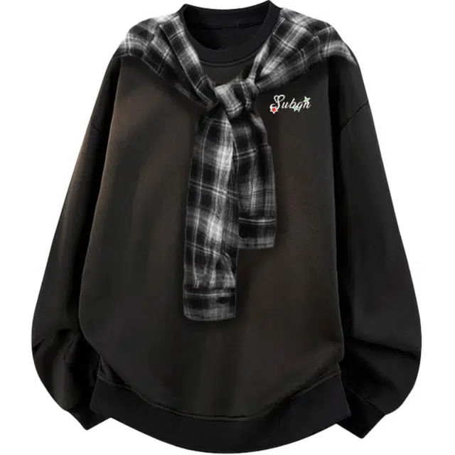 苏北青年 美式高街复古纯色格子撞色披肩设计个性时尚潮流百搭高级感韩系慵懒风无性别主义宽松亲肤圆领长袖卫衣 男女同款