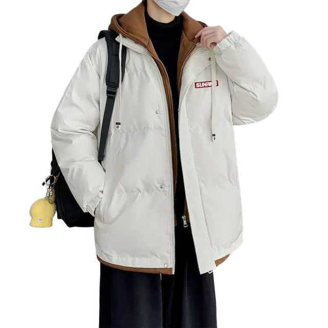 素杭 潮流宽松撞色连帽假两件棉衣加厚保暖外套情侣款日常休闲百搭棉袄外搭棉服 男女同款