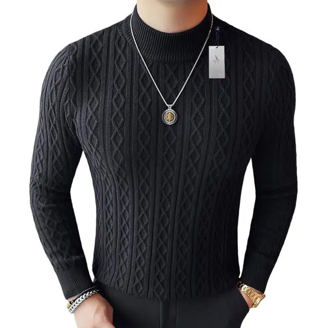 袋鼠 商务风成熟高级感半高领慵懒松弛氛围长袖小领修身弹力打底衫粗线绞花针织衫 男女同款