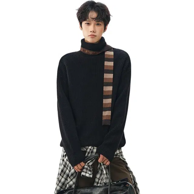 洋气先生 美式潮牌复古纯色简约时尚软糯舒适保暖御寒内搭毛线毛衫户外日常通勤基础款无性别主义高领落肩袖休闲百搭针织衫 男女同款