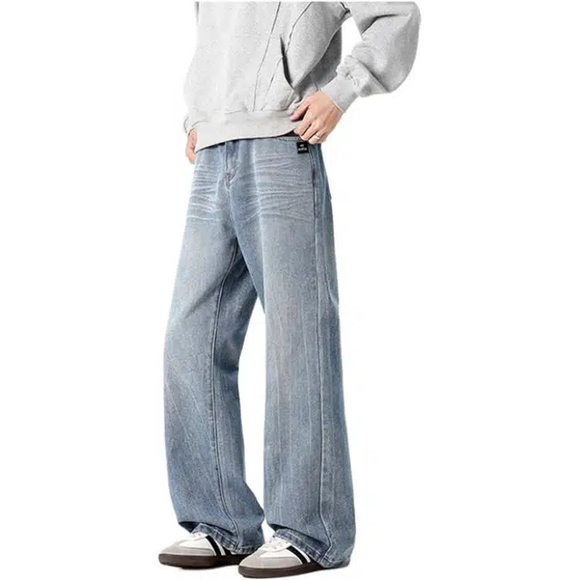 法文箱子 美式高街水洗闪电纹微喇牛仔裤复古宽松显瘦痞帅百搭休闲直筒裤 男款