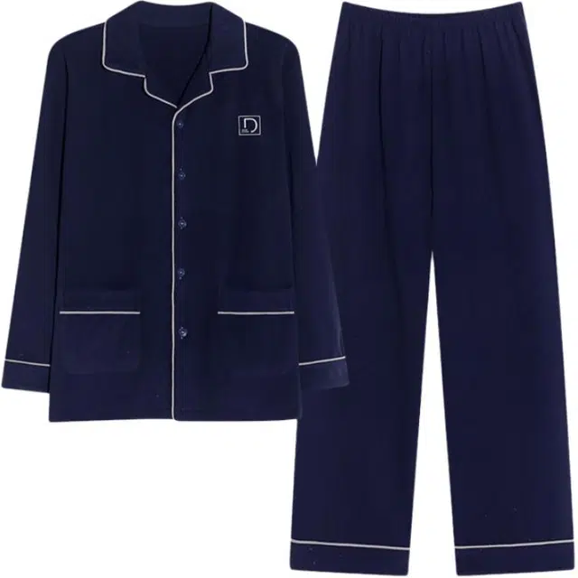 浮光岛屿 简约纯色时尚翻领高级感家居服舒适亲肤保暖可外穿休闲睡衣套装 男款 礼盒装 藏青色