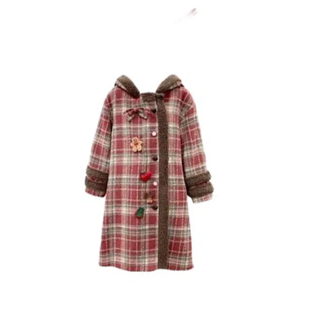 桴生 甜美可爱连帽格纹宽松大衣 女款