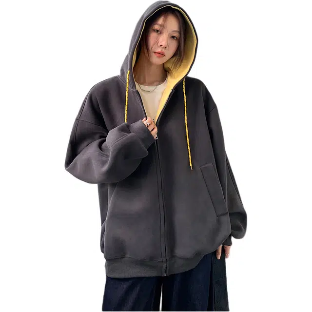 沐晓欣 慵懒撞色连帽开衫卫衣夹克宽松小众拉链绒感外套 女款