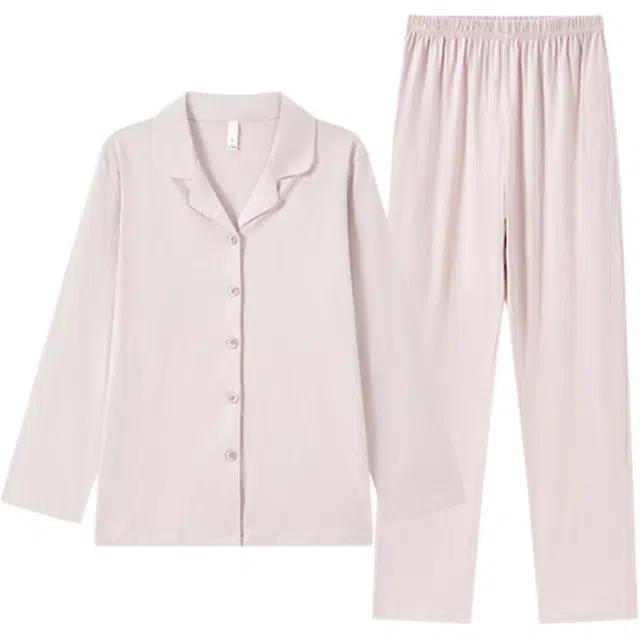 舒雅 纯色松弛感家居服长袖翻领高品质纯棉睡衣套装 女款