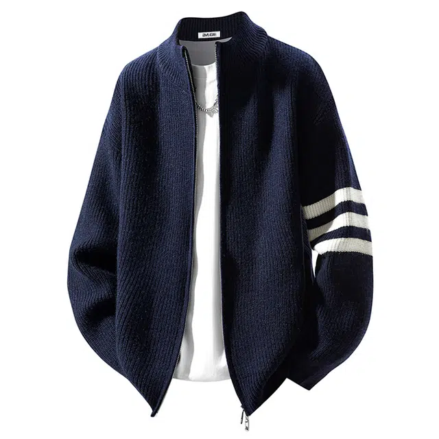 八哥 美式复古高街秋季经典纯色三条杠拼接撞色舒适休闲百搭宽松设计感基础款亲肤柔软拉链软糯慵懒立领开衫针织衫 男女同款