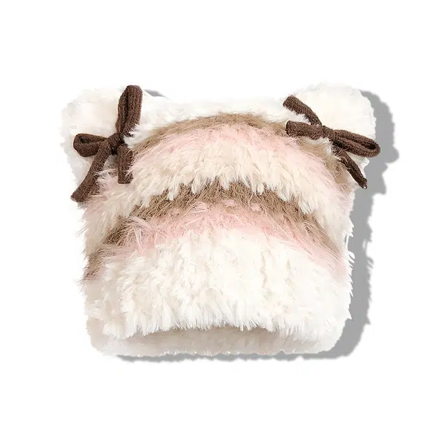 【秋冬必备~通勤神器】 攸委 日系可爱条纹毛绒蝴蝶结猫耳针织帽子女冬季保暖加厚 涤纶 学生甜美显脸小时尚百搭套头冷帽绒线帽 女款