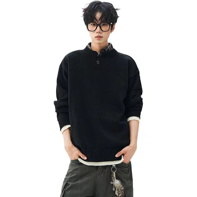 洋气先生 美式潮牌复古撞色拼接简约时尚软糯舒适保暖御寒内搭毛线毛衫户外日常通勤基础款无性别主义落肩袖休闲百搭针织衫 男女同款