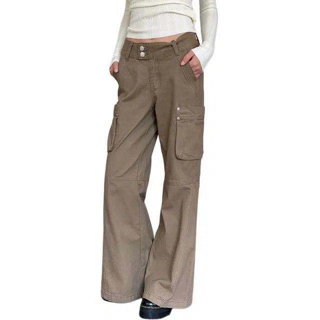 如续 美式复古小众设计感多口袋微喇双扣工装风长女钉珠装饰垂感拖地牛仔裤 女款