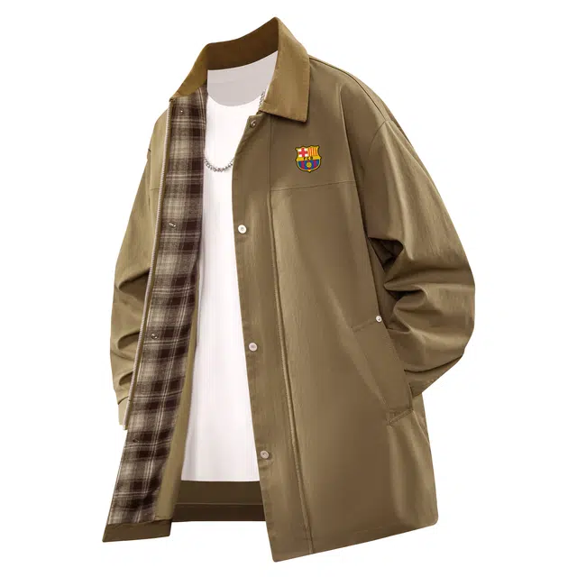 巴塞罗那足球俱乐部 美式简约巴恩风中长款拼接复古格纹设计经典时尚潮流宽松休闲舒适百搭学院风翻领大衣外套夹克风衣 男女同款