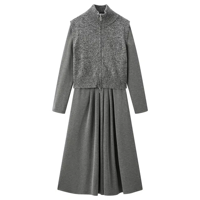 太平鸟 针织简约优雅百搭轻盈时尚长袖连衣裙 女款