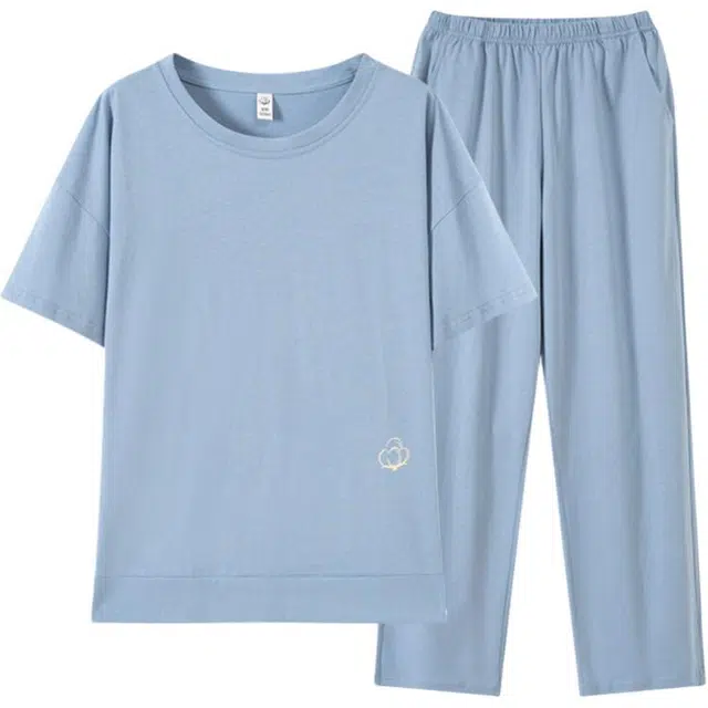 浮光岛屿 纯色简约高级感短袖家居服舒适亲肤透气可外穿休闲长裤睡衣套装 女款 礼盒装 天青色