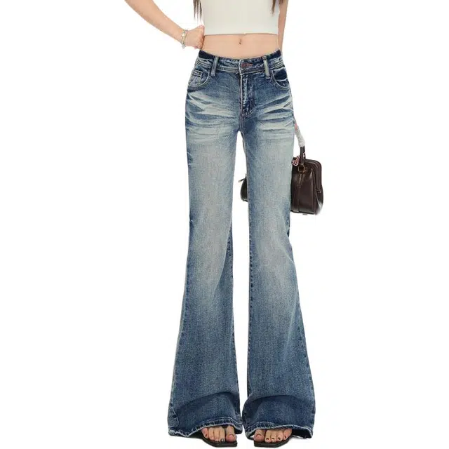 么宁 么宁加绒加厚保暖水洗磨白微喇叭马蹄裤高腰显高显瘦小个子显腿长甜酷风辣妹牛仔裤 女款