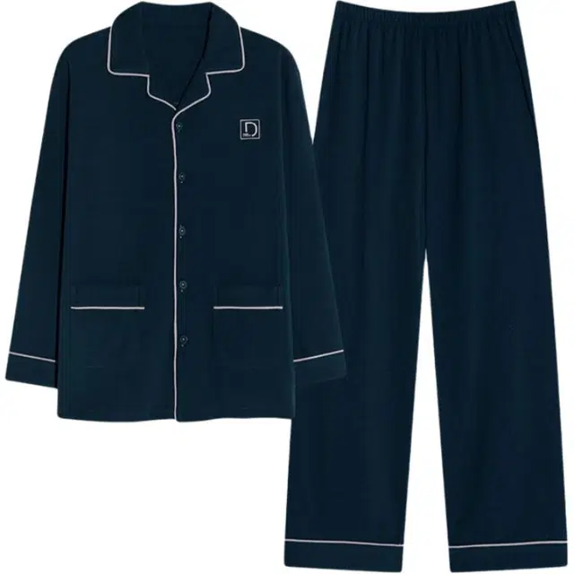 浮光岛屿 简约纯色时尚翻领高级感家居服舒适亲肤可外穿睡衣套装 男款 礼盒装 藏青色