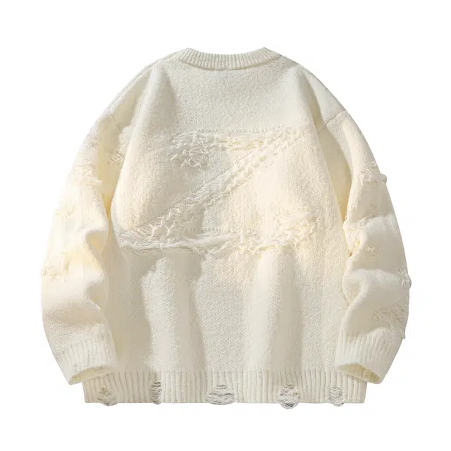 敦煌博物馆 纯色流苏不规则提花圆领套头长袖针织上衣百搭宽松基础款简约户外高级感舒适保暖软糯毛衣 男女同款