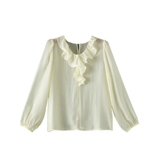 晚白 花边领设计莱赛尔面料肩部收褶衬衫 女款