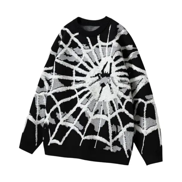 半空山 美式高街嘻哈街头蜘蛛网立体提花设计个性痞帅休闲宽松百搭潮流舒适套头圆领长袖外衣小众高级感日常通勤针织衫 男女同款