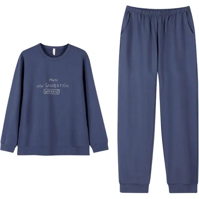 浮光岛屿 礼盒款 柔软舒适纯棉圆领休闲简约宽松可外穿长袖睡衣 家居服套装 男款 暗蓝色