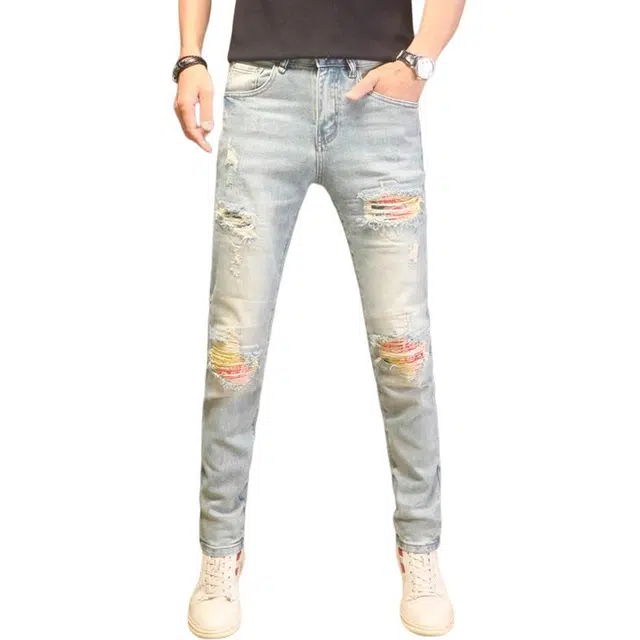 吉肯蒂 高端水洗浅色破洞牛仔裤男秋冬弹力修身小脚设计感潮牌长裤 男款