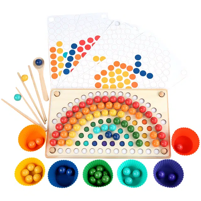 图米鱼 益智筷子彩虹夹珠子玩具 训练拼图颜色配对卡片 早教教具