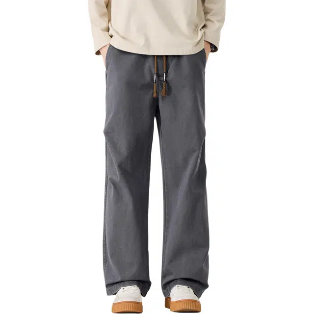 瑞梵帝斯 秋冬纯棉抽褶设计系带阔腿裤简约时尚宽松直筒长裤显瘦显高垂感亲肤街头氛围感青少年日常通勤百搭休闲裤 男款